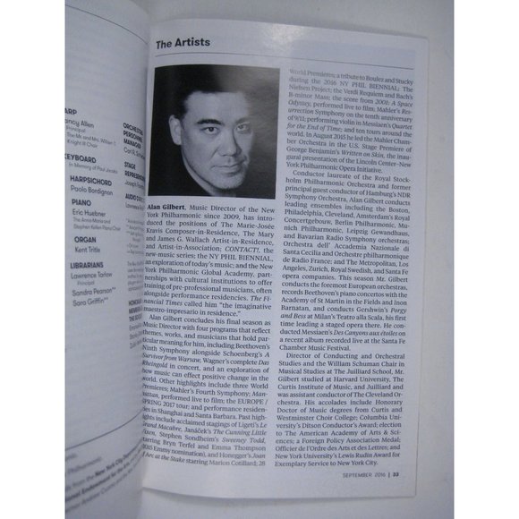 New York Philharmonic Stagebill September 2016 Gilbert Dvorak Lincoln Center - Picture 6 of 7